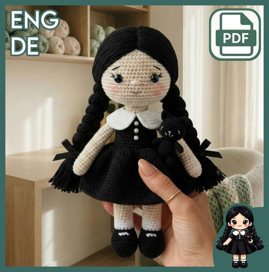 Crochet Doll Pattern PDF - Gothic Braid Amigurumi Doll & Mini Black Cat