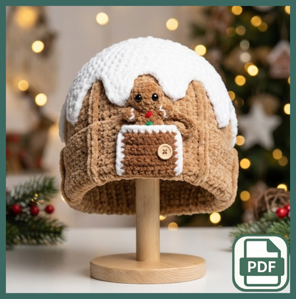 Peek-a-Boo Gingerbread House Beanie Crochet Pattern