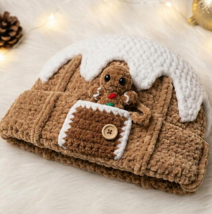 Gingerbread Beanie Crochet Pattern, Peek a Boo Gingerbread House Hat, Christmas PDF