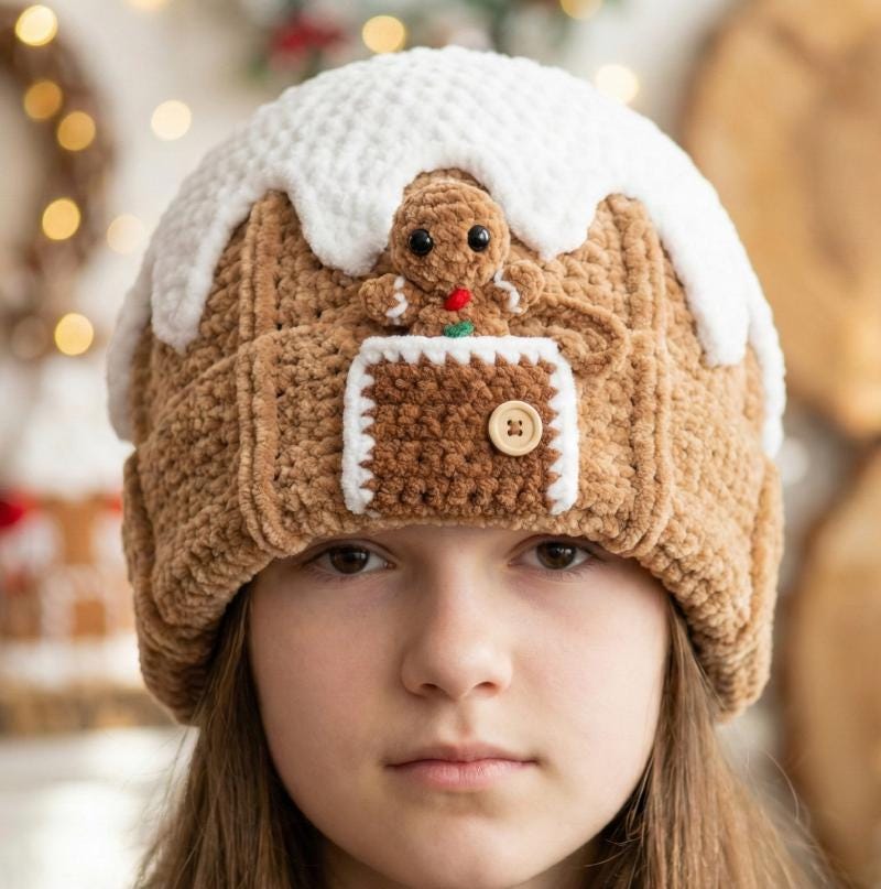 Gingerbread Beanie Crochet Pattern, Peek a Boo Gingerbread House Hat, Christmas PDF