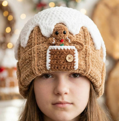 Gingerbread Beanie Crochet Pattern, Peek a Boo Gingerbread House Hat, Christmas PDF