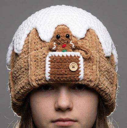 Gingerbread Beanie Crochet Pattern, Peek a Boo Gingerbread House Hat, Christmas PDF