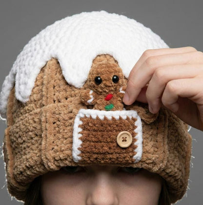Gingerbread Beanie Crochet Pattern, Peek a Boo Gingerbread House Hat, Christmas PDF