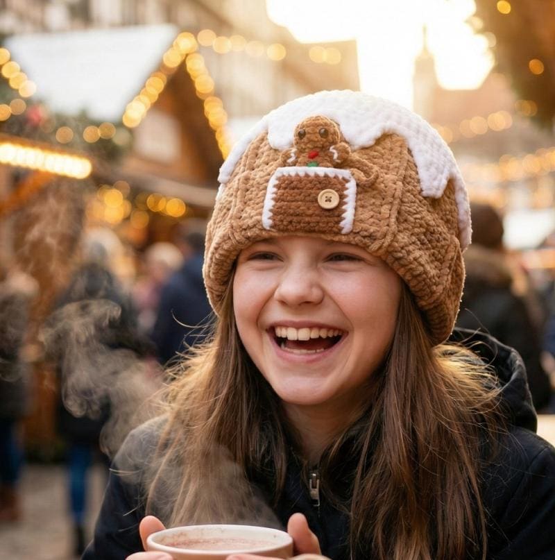 Gingerbread Beanie Crochet Pattern, Peek a Boo Gingerbread House Hat, Christmas PDF