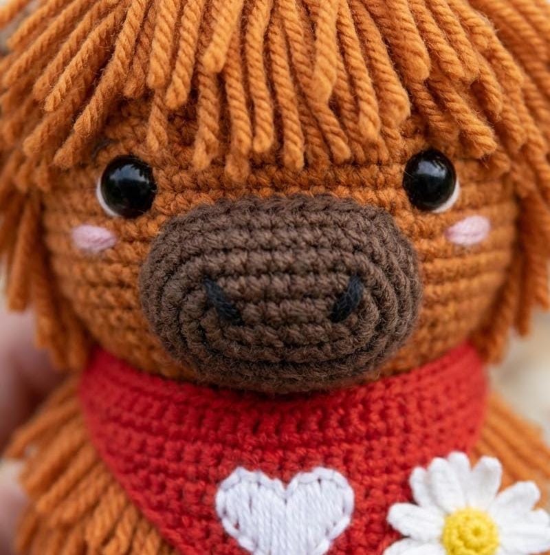 Highland Cow Crochet Pattern, Shaggy Amigurumi Calf with Heart Bandana (PDF Pattern, ENG/DE )