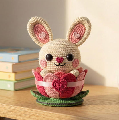 Amigurumi Heartbud Bunny Crochet Pattern, Lotus Flower Nest (PDF Digital Download)