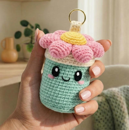 Crochet Keychain Pattern – Mint Bloom Canister Charm Amigurumi PDF (Digital Download)