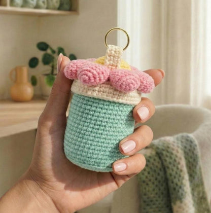 Crochet Keychain Pattern – Mint Bloom Canister Charm Amigurumi PDF (Digital Download)