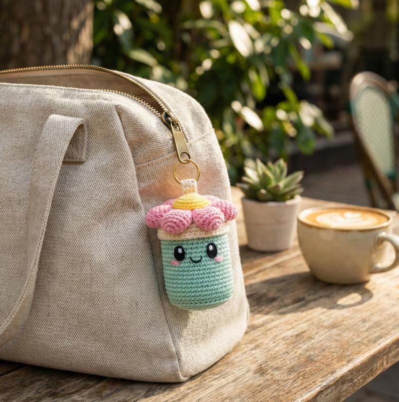 Crochet Keychain Pattern – Mint Bloom Canister Charm Amigurumi PDF (Digital Download)