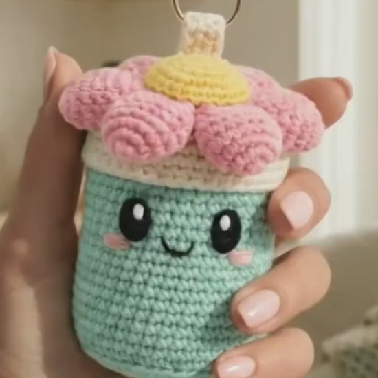 Crochet Keychain Pattern – Mint Bloom Canister Charm Amigurumi PDF (Digital Download)