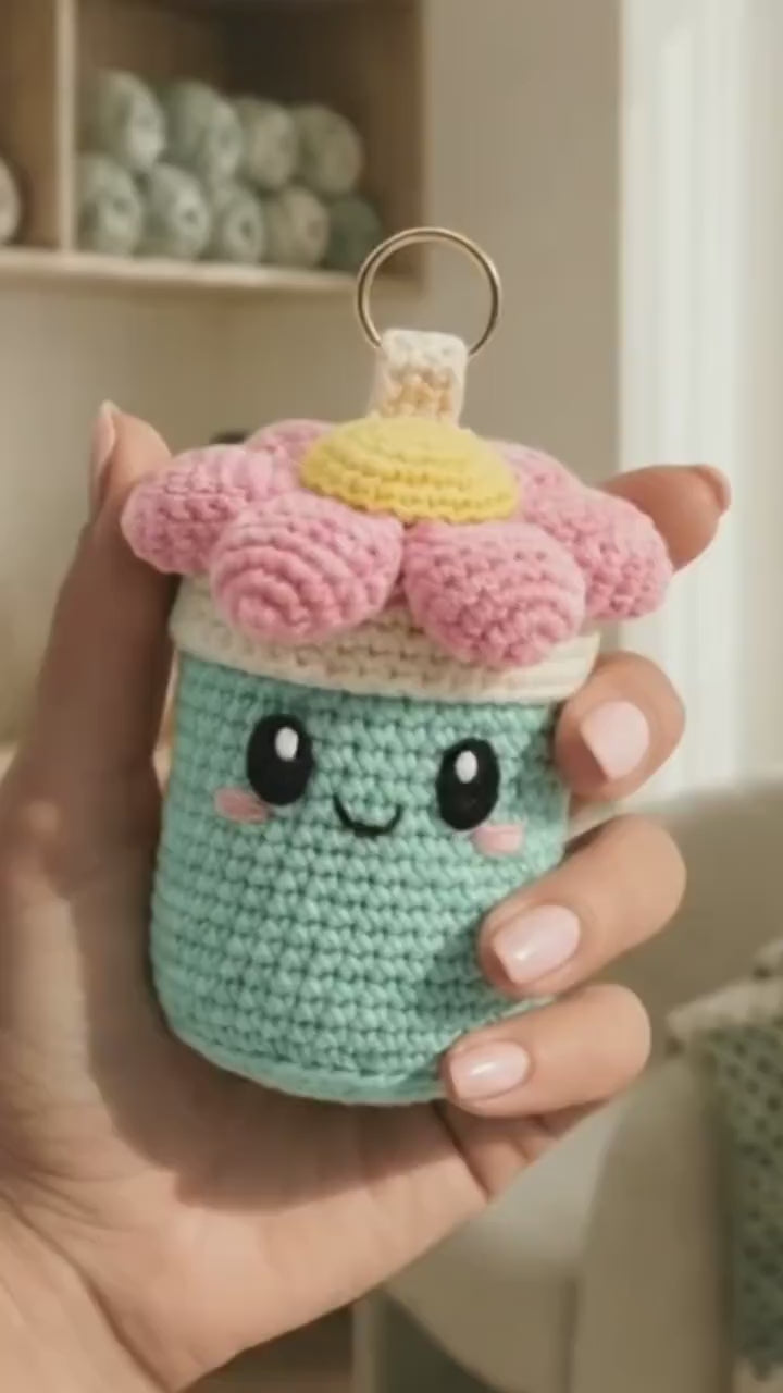 Crochet Keychain Pattern – Mint Bloom Canister Charm Amigurumi PDF (Digital Download)