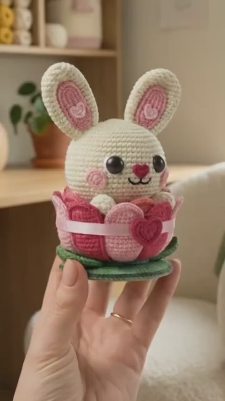 Amigurumi Heartbud Bunny Crochet Pattern, Lotus Flower Nest (PDF Digital Download)
